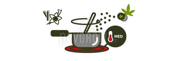 Ilustración de un cazo sobre una placa roja, con una cuchara, vainilla, puntos y hojas de cannabis, y un termómetro marcado MED. Ilustración de un cazo sobre una placa roja, con una cuchara, vainilla, puntos y hojas de cannabis, y un termómetro marcado MED.