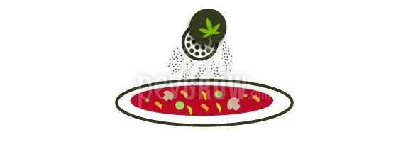 Ilustración de un recipiente con una hoja de cannabis que espolvorea partículas sobre una pizza con tomate e ingredientes. Ilustración de un recipiente con una hoja de cannabis que espolvorea partículas sobre una pizza con tomate e ingredientes.