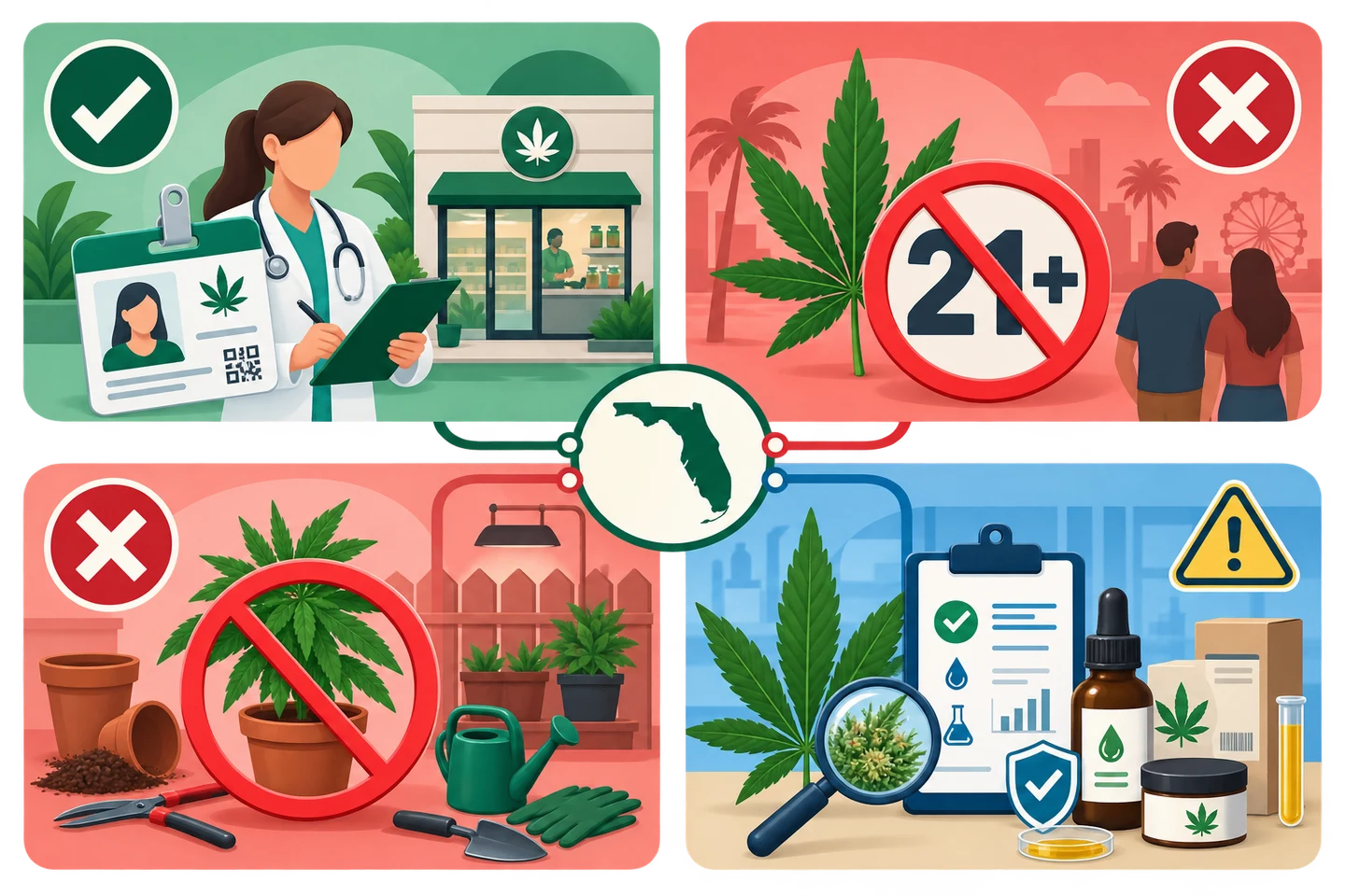 Infografía con el mapa de Florida y cuatro escenas sobre cannabis: atención médica, restricción 21+, cultivo y control de productos. Infografía con el mapa de Florida y cuatro escenas sobre cannabis: atención médica, restricción 21+, cultivo y control de productos.