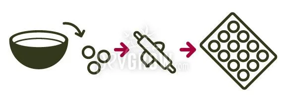 Diagrama de preparación de galletas: un cuenco, tres bolitas de masa, un rodillo y una bandeja con círculos, conectados mediante flechas.