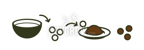 Ilustración con flechas que muestra un bol, bolitas sin cubrir, un plato con polvo marrón y tres trufas rebozadas.