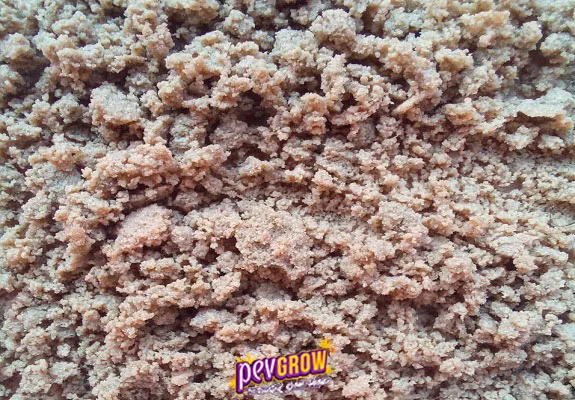 Hachís de tono beige rosado en grumos irregulares que llenan el encuadre, con textura arenosa y el logotipo de Pevgrow abajo. Hachís de tono beige rosado en grumos irregulares que llenan el encuadre, con textura arenosa y el logotipo de Pevgrow abajo.