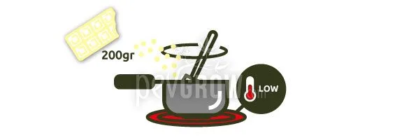 Ilustración de 200 g de chocolate blanco que se añaden a un cazo sobre una fuente de calor, con una cuchara e indicador de fuego bajo.