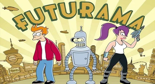 Fry, Bender y Leela, esta última con un arma futurista, ante una ciudad ilustrada bajo el gran título Futurama.
