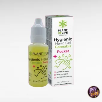 Frasco de gel de manos Plant of Life con tapón blanco junto a su caja, rotulada «Hygienic Hand Gel Cannabis Pocket».
