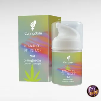 Envase de gel íntimo Cannadom con dosificador blanco y tapa transparente junto a su caja, con detalles multicolores.