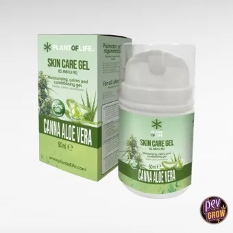Gel para la piel Canna Aloe Vera de Plant of Life, en envase con dosificador y tapa transparente junto a su caja verde.
