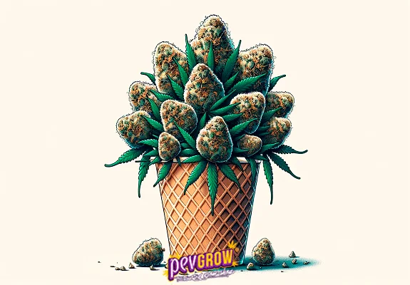 Ilustración de un cucurucho de barquillo repleto de cogollos y hojas de cannabis, con cogollos sueltos al pie sobre fondo claro.