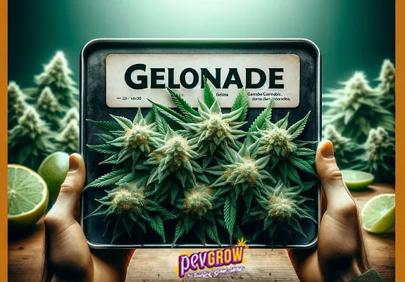 Dos manos sostienen una bandeja con cogollos y hojas de cannabis bajo el rótulo «Gelonade», con cítricos y plantas al fondo.