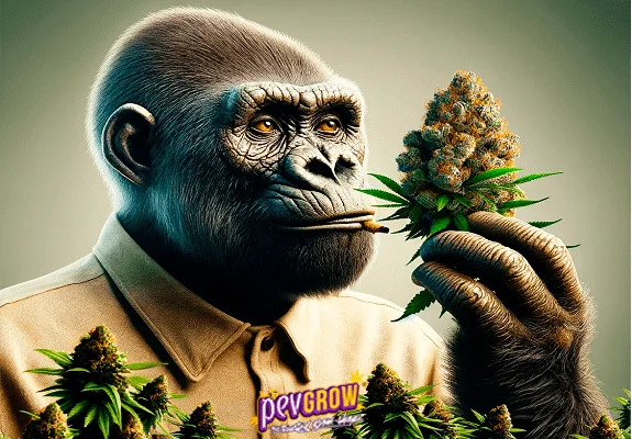 Ilustración de un gorila con camisa que sostiene un cogollo de cannabis frente al rostro, con un cigarrillo entre los labios.