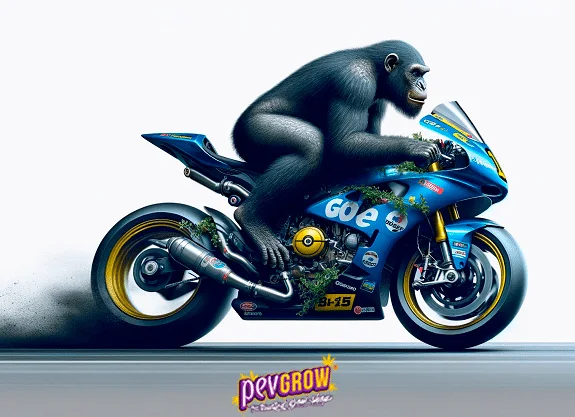 Ilustración de un gorila inclinado sobre una motocicleta deportiva azul, con hojas de cannabis en el carenado y logotipo Pevgrow debajo.