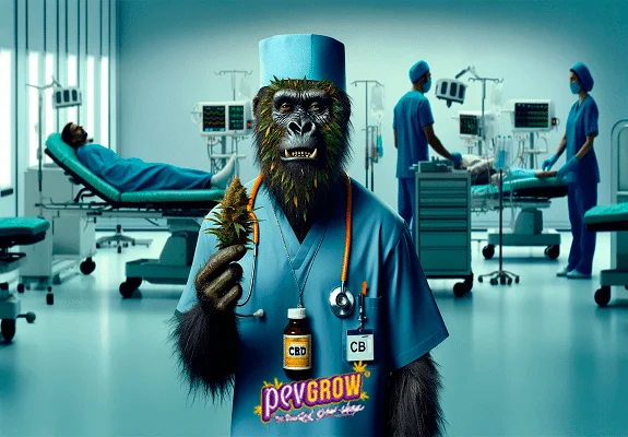 Ilustración de un simio con uniforme sanitario y estetoscopio que sostiene un cogollo en un hospital, con un frasco rotulado CBD.