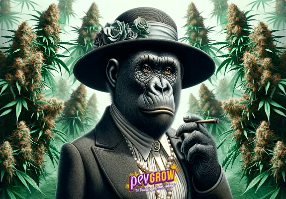 Ilustración de un gorila con sombrero adornado con flores, collar y chaqueta, sosteniendo un cigarrillo entre plantas de cannabis.