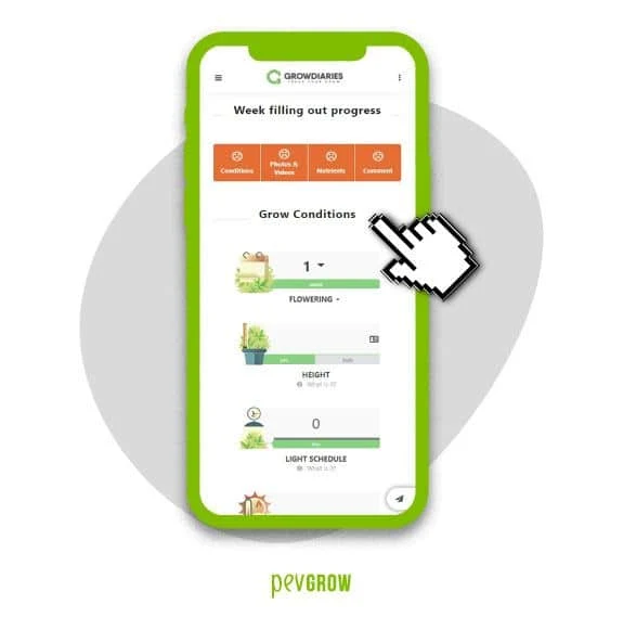 Móvil con marco verde y pantalla de GrowDiaries para registrar condiciones semanales, con un cursor sobre el formulario.