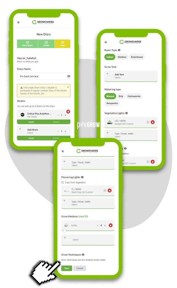 Tres pantallas de GrowDiaries con formularios para configurar un diario: variedades, espacio, riego, luces y sustrato.