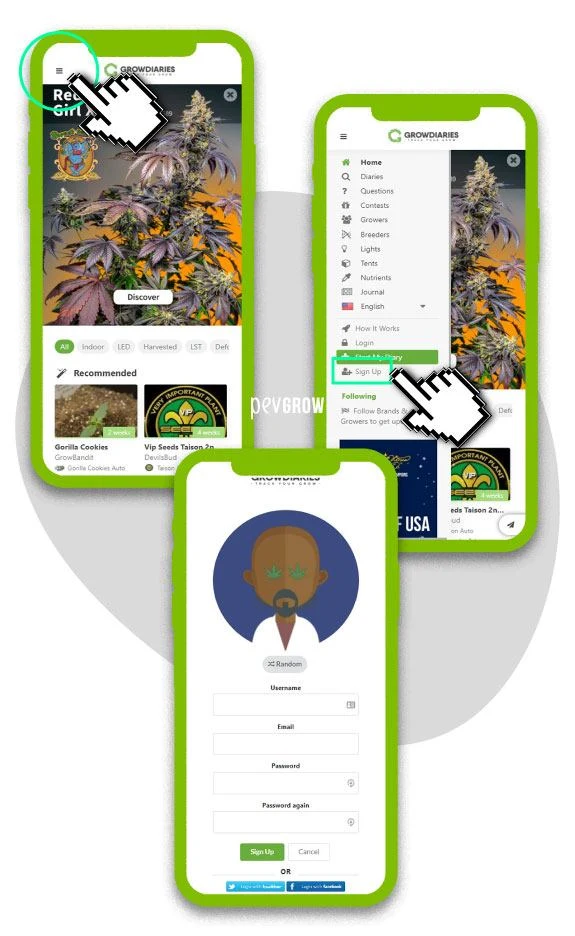 Tres pantallas de GrowDiaries muestran el acceso al menú, la opción «Sign Up» y el formulario de registro de una cuenta.