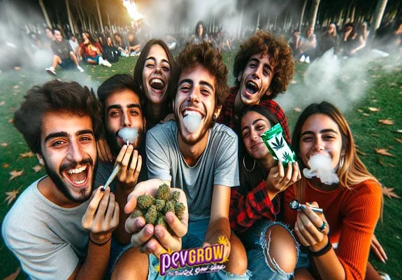 Grupo de personas sonrientes al aire libre, algunas expulsando humo, con cogollos en primer plano y una bolsa con una hoja de cannabis. Grupo de personas sonrientes al aire libre, algunas expulsando humo, con cogollos en primer plano y una bolsa con una hoja de cannabis.