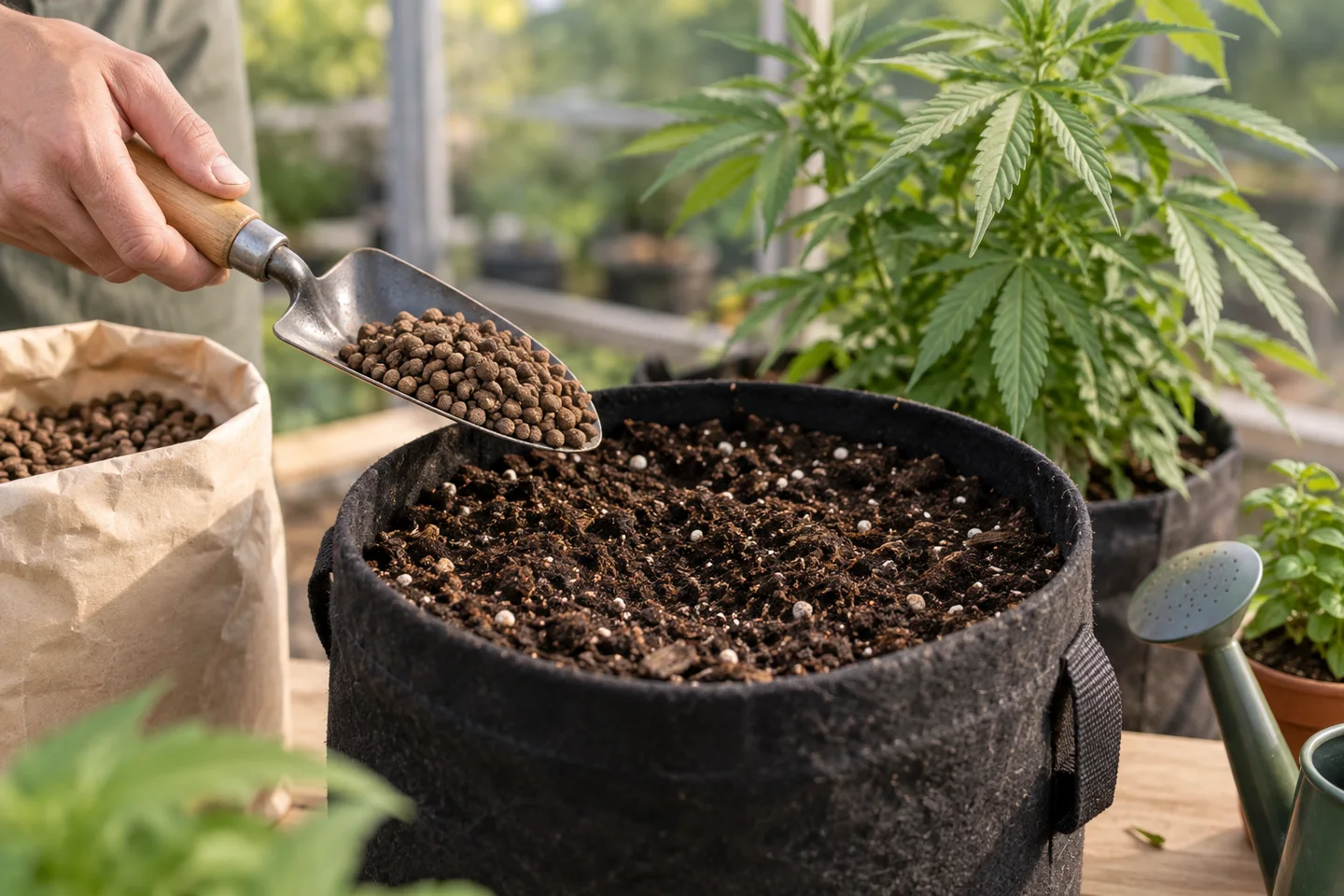 Una mano sostiene una pala con gránulos sobre una maceta de tela con sustrato; detrás hay una planta de cannabis. Una mano sostiene una pala con gránulos sobre una maceta de tela con sustrato; detrás hay una planta de cannabis.