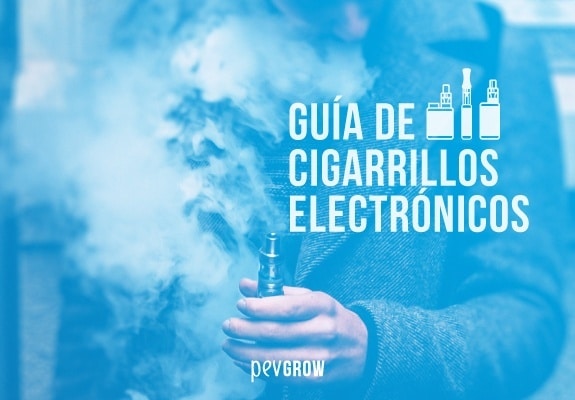 Portada azul con una persona sosteniendo un cigarrillo electrónico entre vapor y el título «Guía de cigarrillos electrónicos». Portada azul con una persona sosteniendo un cigarrillo electrónico entre vapor y el título «Guía de cigarrillos electrónicos».