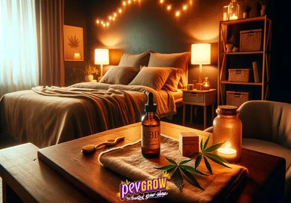Dormitorio con luces cálidas y una mesa en primer plano con un frasco rotulado CBD, hojas de cannabis, un tarro y una vela encendida. Dormitorio con luces cálidas y una mesa en primer plano con un frasco rotulado CBD, hojas de cannabis, un tarro y una vela encendida.