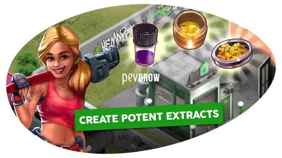 Escena del juego Hempire con un personaje rubio, recipientes con extractos y el texto en inglés «Create potent extracts».