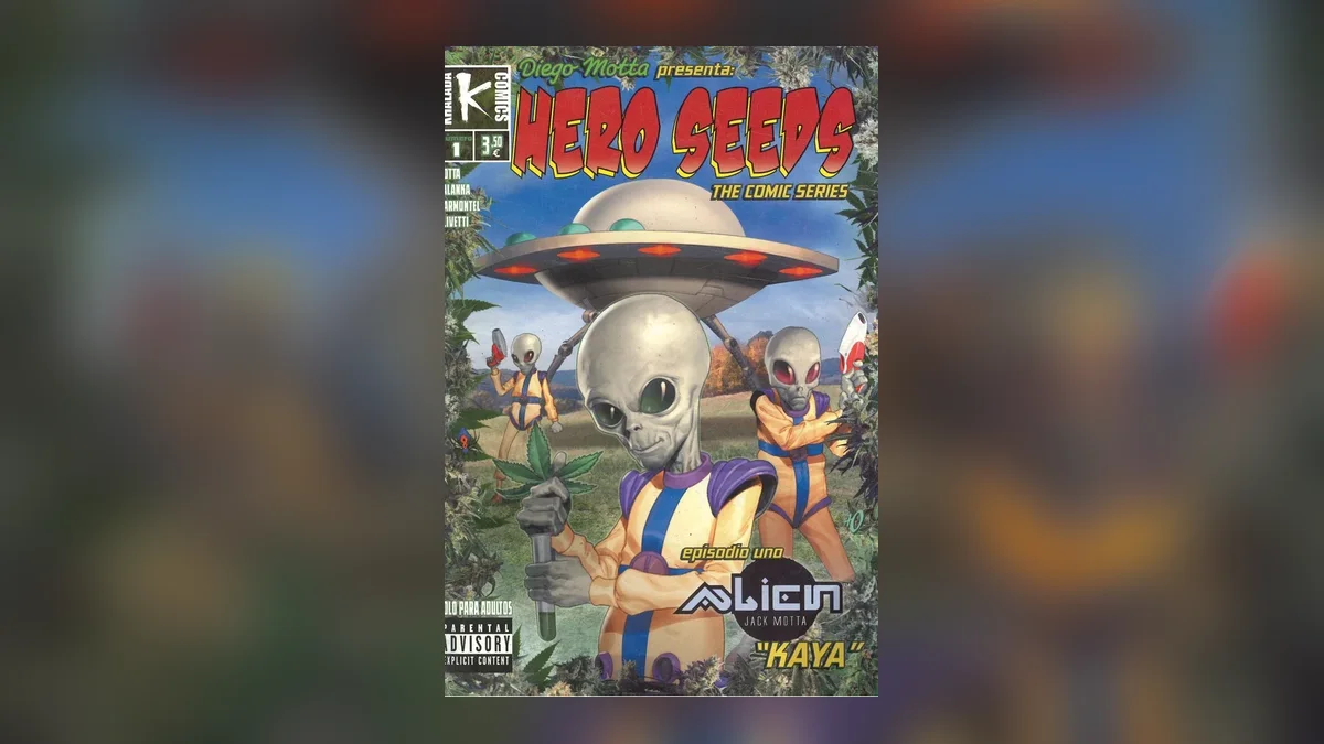 Portada del primer número de Hero Seeds, con dos aliens grises sosteniendo esquejes de cannabis frente a un platillo volante Portada del primer número de Hero Seeds, con dos aliens grises sosteniendo esquejes de cannabis frente a un platillo volante