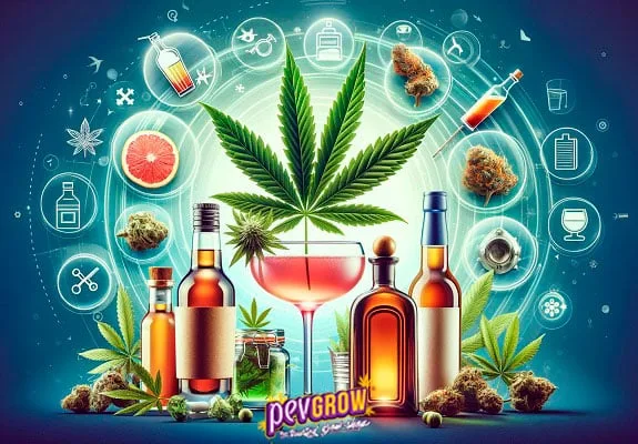 Ilustración de una gran hoja de cannabis sobre una copa rosada, rodeada de botellas, cogollos y símbolos sobre un fondo azul verdoso. Ilustración de una gran hoja de cannabis sobre una copa rosada, rodeada de botellas, cogollos y símbolos sobre un fondo azul verdoso.