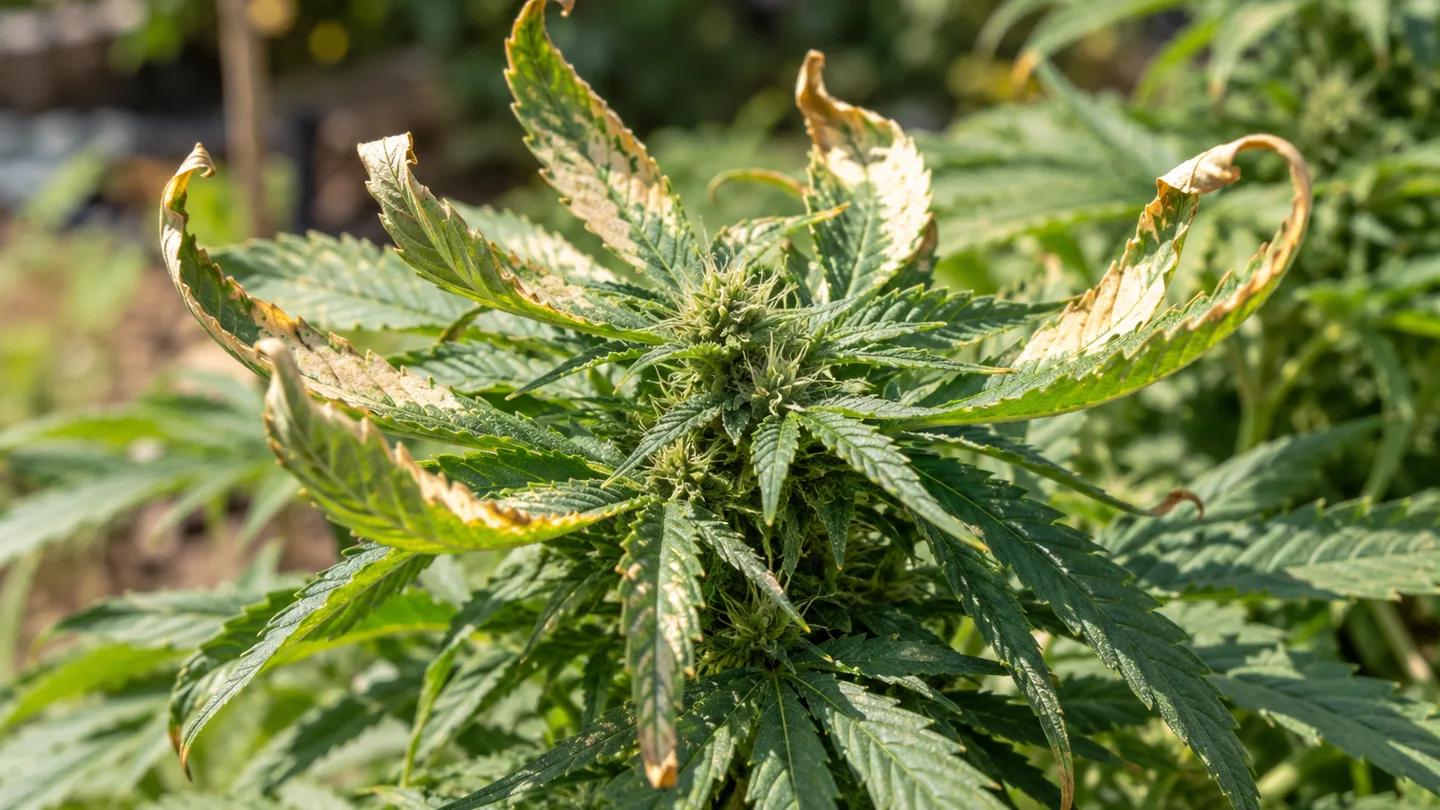 Cogollo de cannabis rodeado de hojas curvadas hacia arriba, con los bordes amarillentos y las puntas secas Cogollo de cannabis rodeado de hojas curvadas hacia arriba, con los bordes amarillentos y las puntas secas