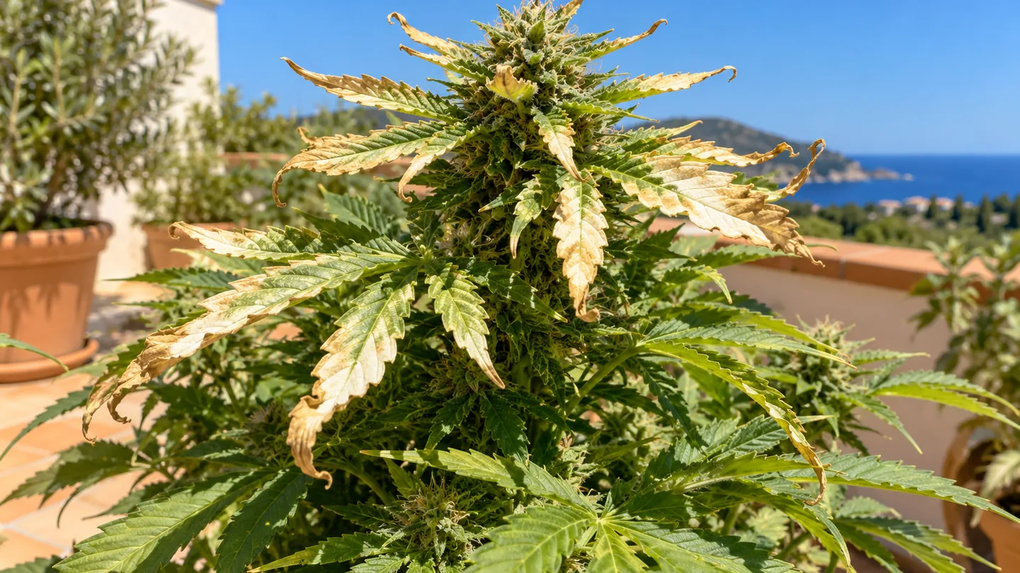 Planta de cannabis en una terraza junto al mar con las hojas superiores descoloridas y secas por el sol Planta de cannabis en una terraza junto al mar con las hojas superiores descoloridas y secas por el sol