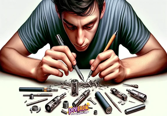 Ilustración de un hombre inclinado sobre una mesa, manipulando piezas de vapeadores desmontados con herramientas de punta fina. Ilustración de un hombre inclinado sobre una mesa, manipulando piezas de vapeadores desmontados con herramientas de punta fina.