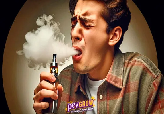 Hombre con los ojos cerrados y el ceño fruncido sostiene un vapeador junto a la boca, rodeada por una nube blanca. Hombre con los ojos cerrados y el ceño fruncido sostiene un vapeador junto a la boca, rodeada por una nube blanca.