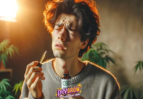 Hombre con los ojos cerrados y el ceño fruncido que sostiene un cuentagotas junto a un frasco con la etiqueta CBD. Hombre con los ojos cerrados y el ceño fruncido que sostiene un cuentagotas junto a un frasco con la etiqueta CBD.