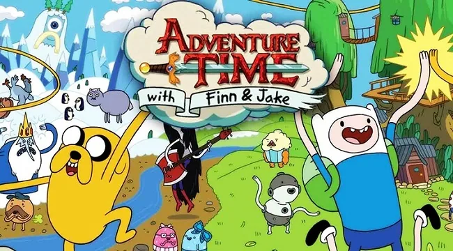 Finn y Jake levantan los brazos bajo el título Adventure Time, rodeados de personajes, montañas y una casa en un árbol.