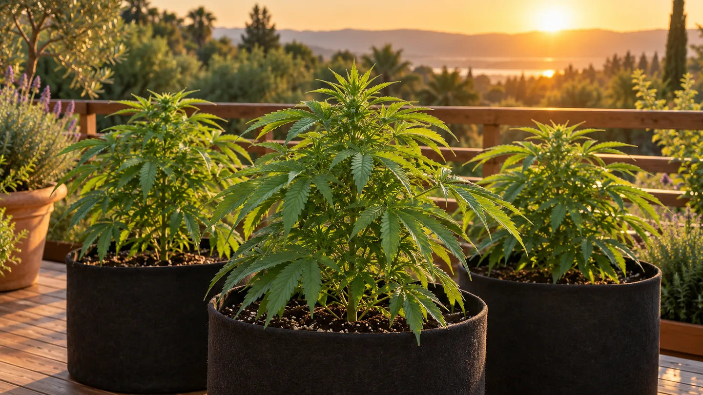 Plantas jóvenes de hojas verdes en grandes macetas oscuras sobre una terraza soleada al amanecer, con barandilla de madera y jardín desenfocado al fondo Plantas jóvenes de hojas verdes en grandes macetas oscuras sobre una terraza soleada al amanecer, con barandilla de madera y jardín desenfocado al fondo