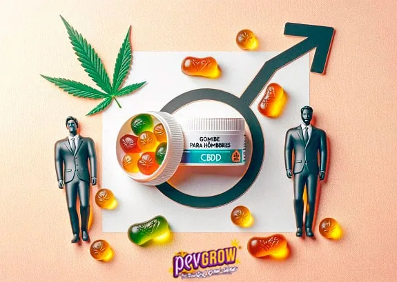 Bote abierto de gominolas de colores sobre un símbolo masculino, con una hoja de cannabis y dos figuras de hombres con traje.
