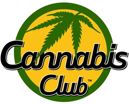 Logotipo con el texto «Cannabis Club» en letras negras sobre un círculo amarillo con borde verde y una hoja de cannabis verde.