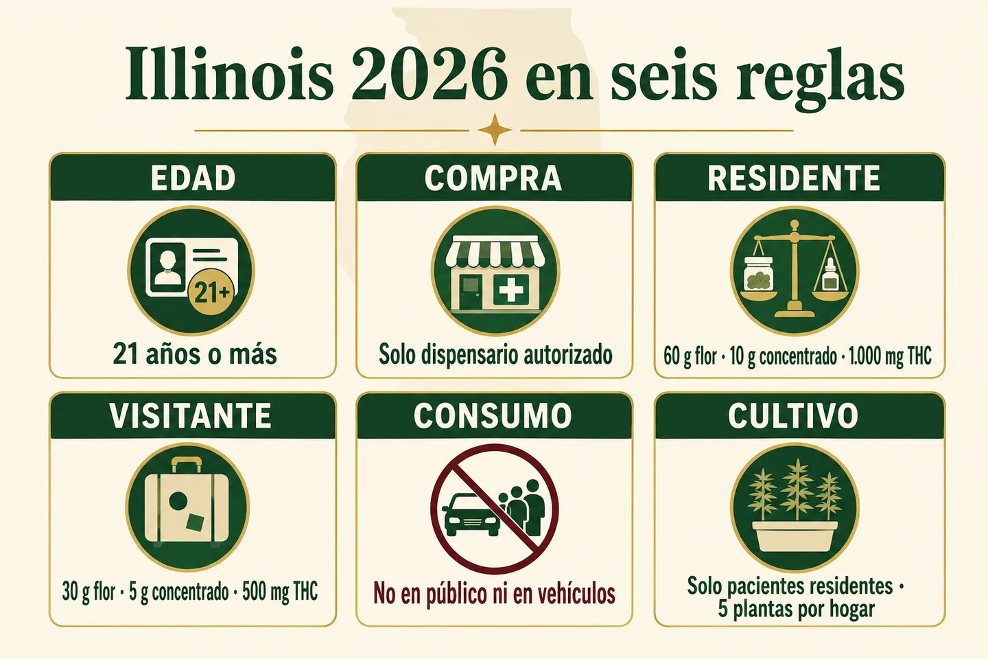Infografía «Illinois 2026 en seis reglas», con seis recuadros sobre edad, compra, residentes, visitantes, consumo y cultivo.