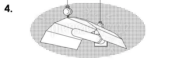 Dibujo del paso 4: reflector con bombilla tubular suspendido mediante dos poleas y cuerdas para la iluminación de cultivo.