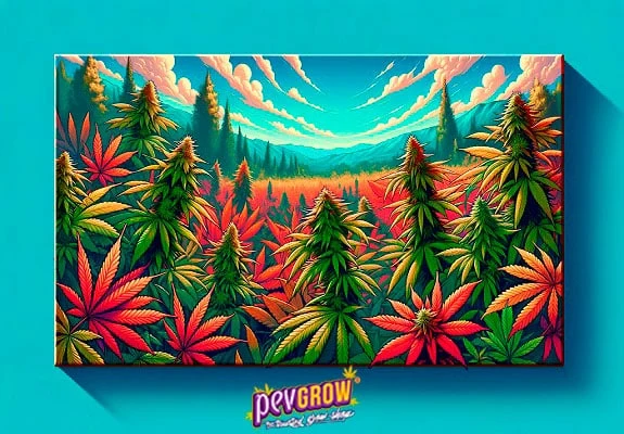 Ilustración de un campo de cannabis con hojas verdes, rojas y anaranjadas, montañas al fondo y cielo turquesa con nubes.
