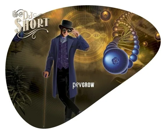 Ilustración de DJ Short con sombrero de copa, gafas y bastón, junto a una hélice de esferas sobre un fondo dorado. Ilustración de DJ Short con sombrero de copa, gafas y bastón, junto a una hélice de esferas sobre un fondo dorado.