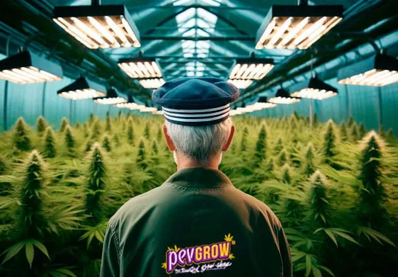 Persona de espaldas con gorra y chaqueta de Pevgrow ante hileras de plantas de cannabis bajo paneles de iluminación. Persona de espaldas con gorra y chaqueta de Pevgrow ante hileras de plantas de cannabis bajo paneles de iluminación.