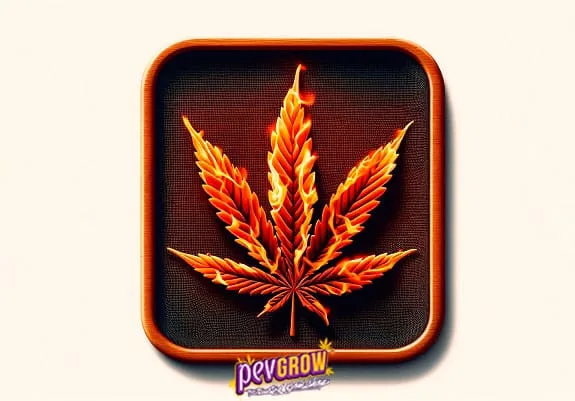 Ilustración de una hoja de cannabis naranja con bordes curvados y aspecto de llamas, dentro de un marco cuadrado oscuro. Ilustración de una hoja de cannabis naranja con bordes curvados y aspecto de llamas, dentro de un marco cuadrado oscuro.