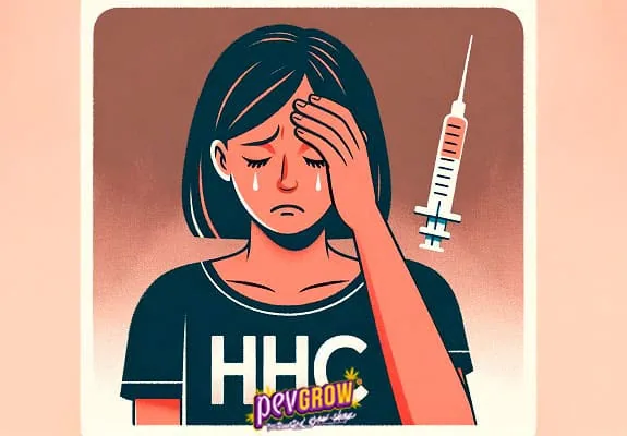 Ilustración de una mujer con lágrimas y una mano en la frente, camiseta con las letras HHC y una jeringa a su lado. Ilustración de una mujer con lágrimas y una mano en la frente, camiseta con las letras HHC y una jeringa a su lado.