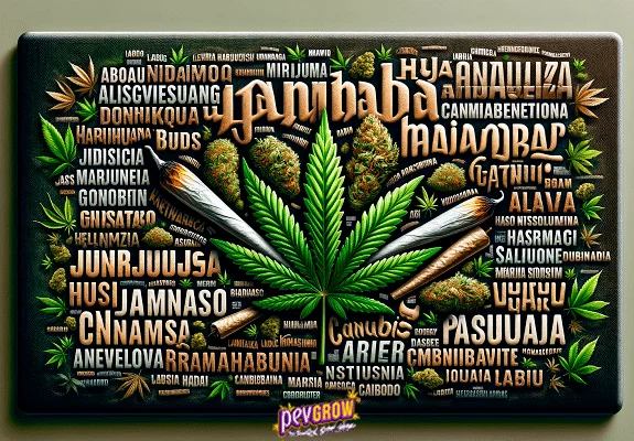 Ilustración de una hoja de cannabis central rodeada de cogollos, cigarrillos y numerosas palabras con distintas tipografías. Ilustración de una hoja de cannabis central rodeada de cogollos, cigarrillos y numerosas palabras con distintas tipografías.