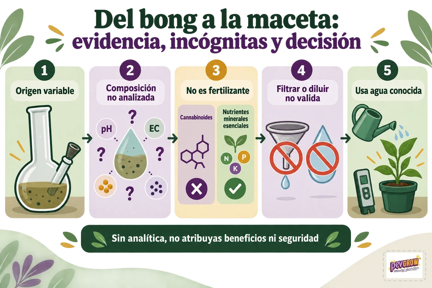 Infografía en cinco pasos sobre el agua usada del bong, su composición desconocida y la decisión de regar plantas con agua conocida.