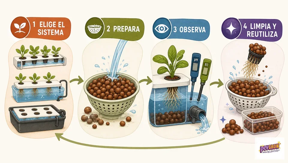 Infografía con cuatro pasos para usar arlita en hidroponía, ilustrados con sistemas de cultivo, lavado y medidores de pH y EC. Infografía con cuatro pasos para usar arlita en hidroponía, ilustrados con sistemas de cultivo, lavado y medidores de pH y EC.