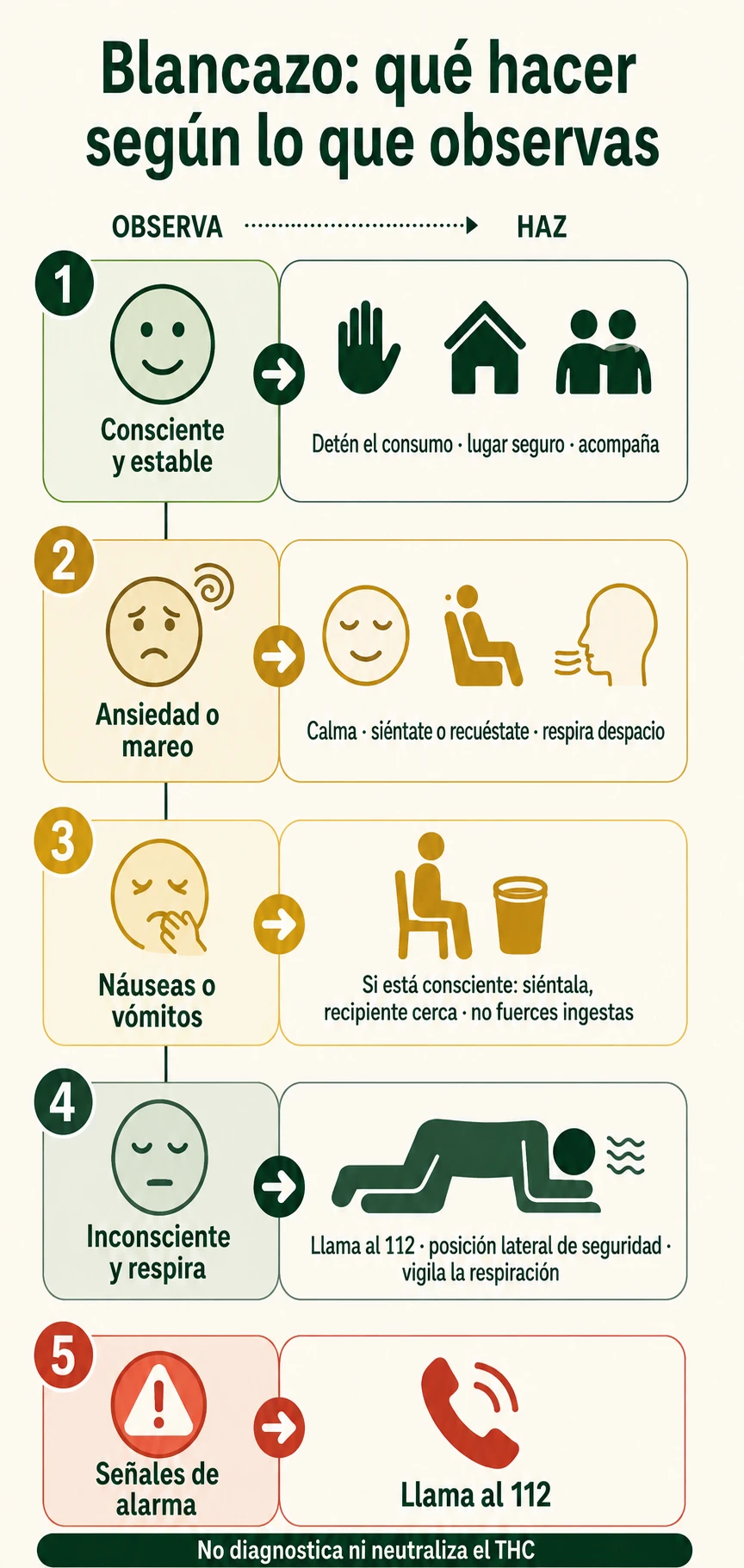 Infografía «Blancazo: qué hacer según lo que observas», con cinco niveles de señales y acciones ilustradas, incluida la llamada al 112. Infografía «Blancazo: qué hacer según lo que observas», con cinco niveles de señales y acciones ilustradas, incluida la llamada al 112.