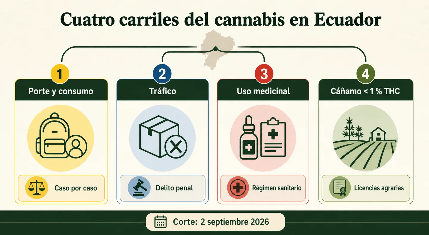 Infografía de cuatro regímenes del cannabis en Ecuador: porte y consumo, tráfico, uso medicinal y cáñamo con menos del 1 % de THC. Infografía de cuatro regímenes del cannabis en Ecuador: porte y consumo, tráfico, uso medicinal y cáñamo con menos del 1 % de THC.