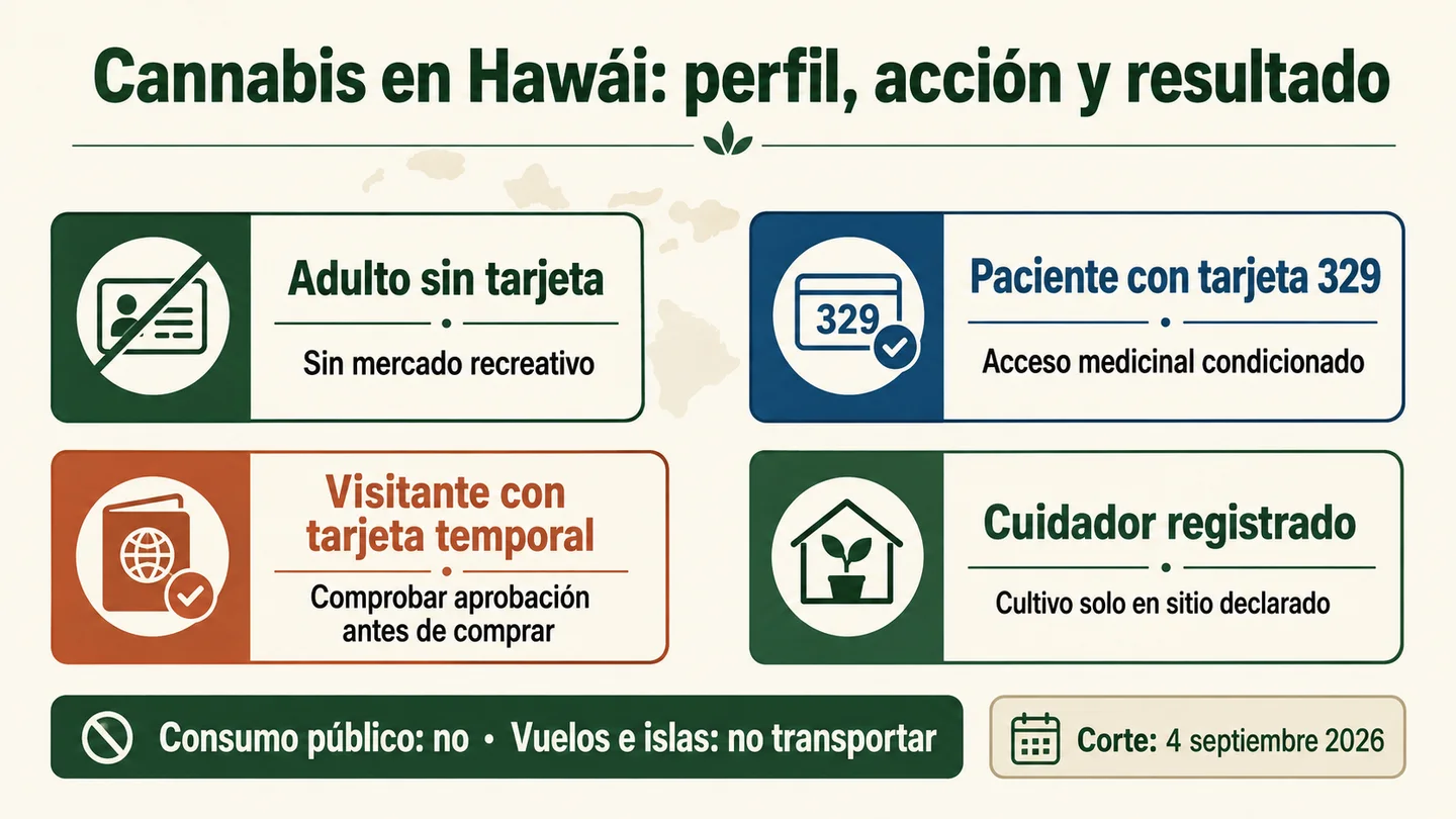 Infografía sobre cannabis en Hawái con cuatro perfiles: adulto sin tarjeta, paciente con tarjeta 329, visitante y cuidador registrado.