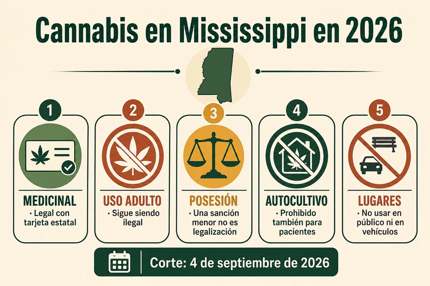 Infografía «Cannabis en Mississippi en 2026» con cinco bloques sobre uso medicinal, uso adulto, posesión, autocultivo y lugares de consumo. Infografía «Cannabis en Mississippi en 2026» con cinco bloques sobre uso medicinal, uso adulto, posesión, autocultivo y lugares de consumo.